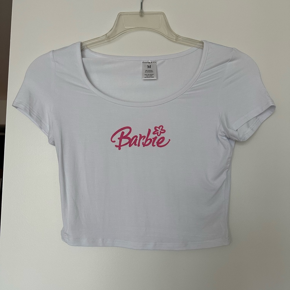 Handmade white fitted crop top with Barbie logo, size medium